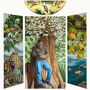 Knowledge acrylic painting on five panels by Carol Hicks
